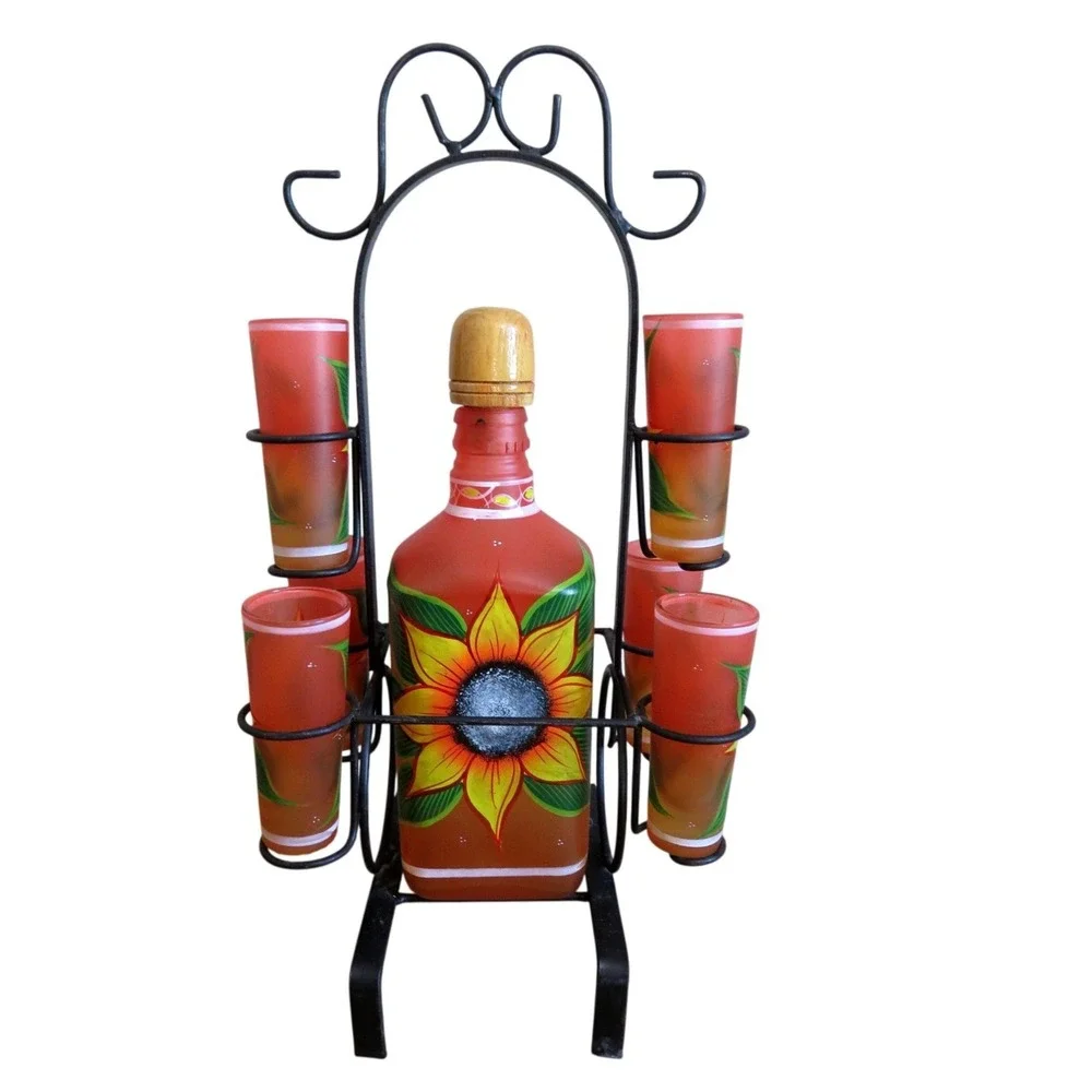Mexican Hand Painted Sunflower Tequila Decanter Set 6 Shot Glasses Wrought Iron